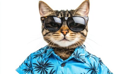 Playful cat in sunglasses captures tropical vibes in fun indoor studio photography