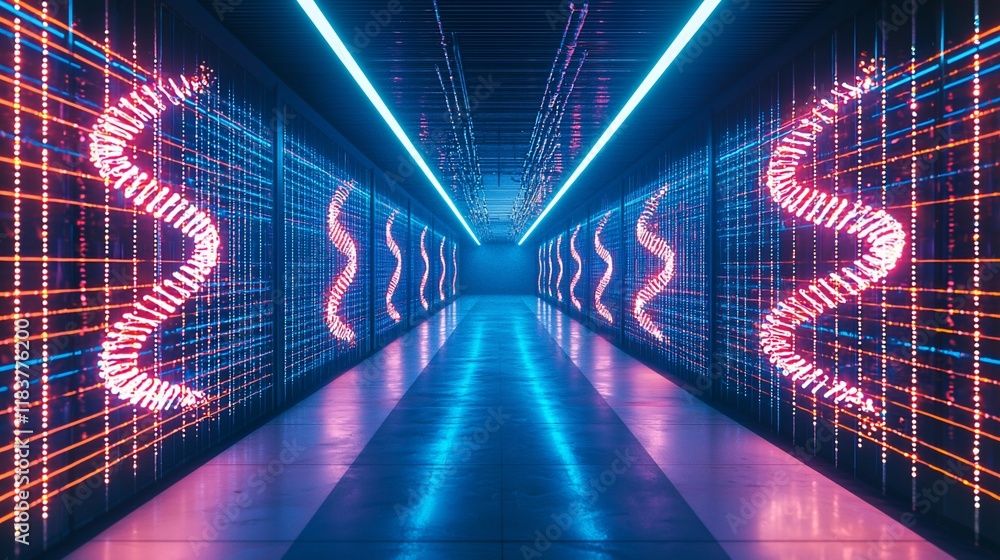 Poster neon-lit corridor with glowing data streams.