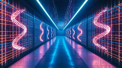 Neon-lit corridor with glowing data streams.