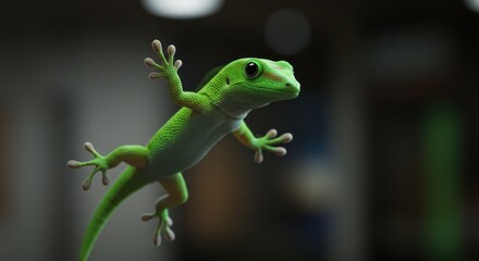 Fototapeta premium A Vivid Green Gecko Hanging in Mid Air