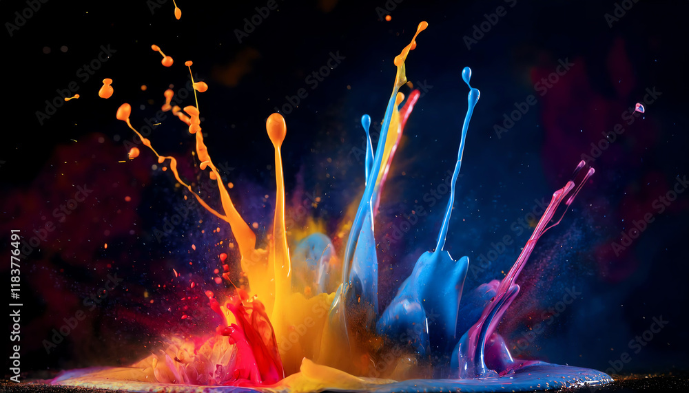 Poster a vibrant explosion of colored paint splashes against a dark background, creating a dynamic and arti