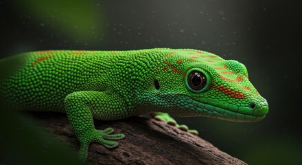Fototapeta premium Vivid Green Gecko Perched on Dark Wood