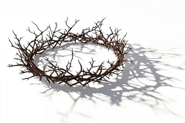Fototapeta premium Branches of thorns woven into a crown depicting the crucifixion casting a shadow on isolated white background - 3D render 