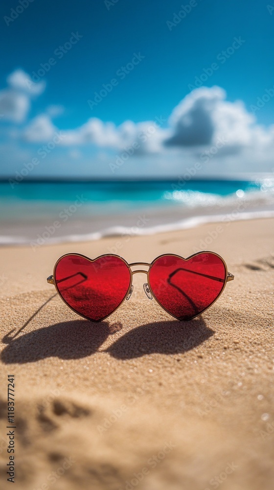 Poster red heart-shaped sunglasses lie on warm golden sand as gentle waves lap at the shore under a clear b