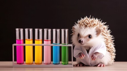 A cute hedgehog in a lab coat sits next to colorful test tubes filled with liquids, suggesting a playful scientific theme.