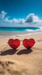 Fototapeta premium Red heart-shaped sunglasses lie on warm golden sand as gentle waves lap at the shore under a clear blue sky. The scene captures a perfect sunny day at the beach, evoking a sense of joy