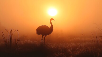 Silhouette of a large flightless bird against a bright orange sunrise in a misty field.