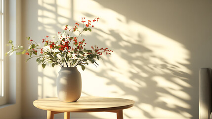 Simple decoration in a light living room, a vase with flowers on a small wooden table, modern interior