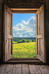 View from inside an old barn through the open wooden door
