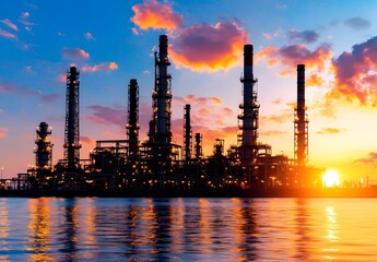 Fototapeta premium Sunset over a Modern Oil Refinery with Towering Structures, Silhouetted Against a Colorful Sky and Reflected in Calm Water for Industrial and Energy Concepts