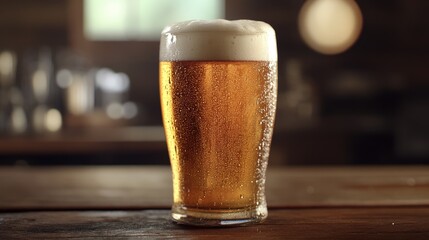 A close-up of a frothy pint of golden beer with condensation on the glass, set against a rustic wooden table, inviting viewers to enjoy a refreshing drink.