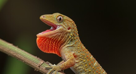 Naklejka premium Colorful Gecko With Open Mouth On Branch