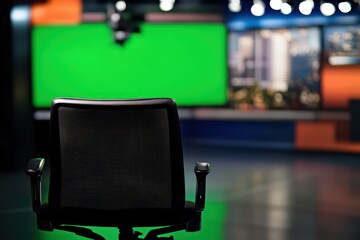 TV studio with a green backdrop and a black chair