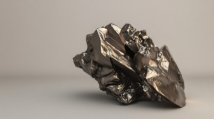 Sleek metallic mineral formation with sharp edges and reflective surface on a neutral background