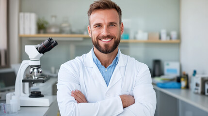 confident male scientist in lab coat smiles in modern laboratory, showcasing microscope and various lab equipment. His expression reflects professionalism and enthusiasm for research