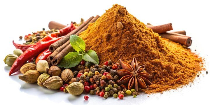 Aromatic garam masala spice blend, vividly photographed against a pristine white backdrop.