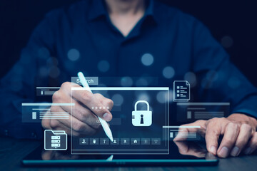 Cybersecurity concept  featuring holographic icons of a lock, login fields, files, and folders....