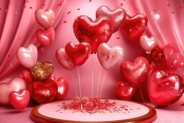 Valentine's Day table with heart-shaped balloons, roses, and a Valentine's Day card, framed by pink curtains and colorful balloon stands for a romantic atmosphere.