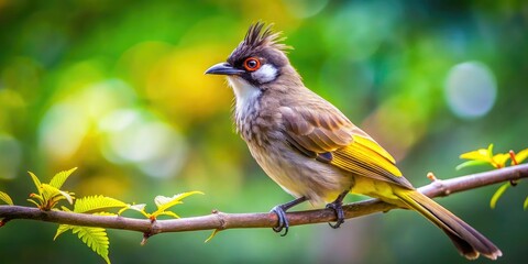 Fototapeta premium A tiny bulbul preens, perched on a miniature tree branch, a tilt-shift wonder.