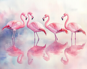 Obraz premium Soft Watercolor of a Group of Flamingos Wading Gracefully in a Lagoon