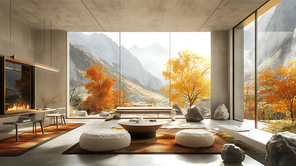 Studio interior with relax and dining area, panoramic window, mockup frame