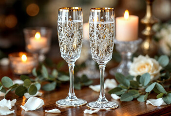 Elegant champagne flutes with intricate designs on candlelit background.