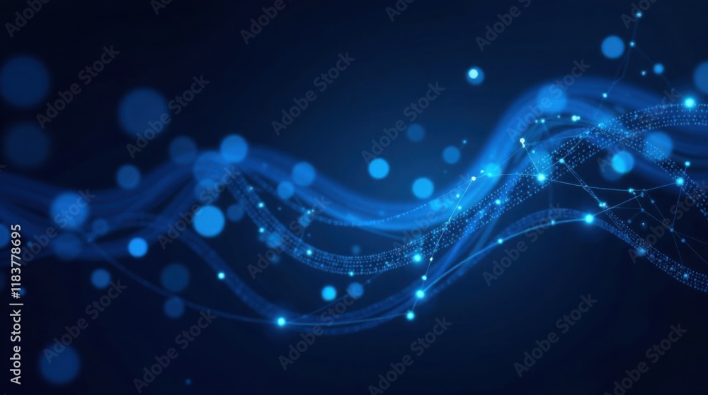 Poster abstract blue wave of connected dots and lines representing digital network