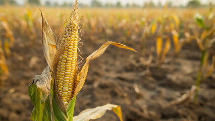 A corn plant with signs of drought stress due to insufficient irrigation