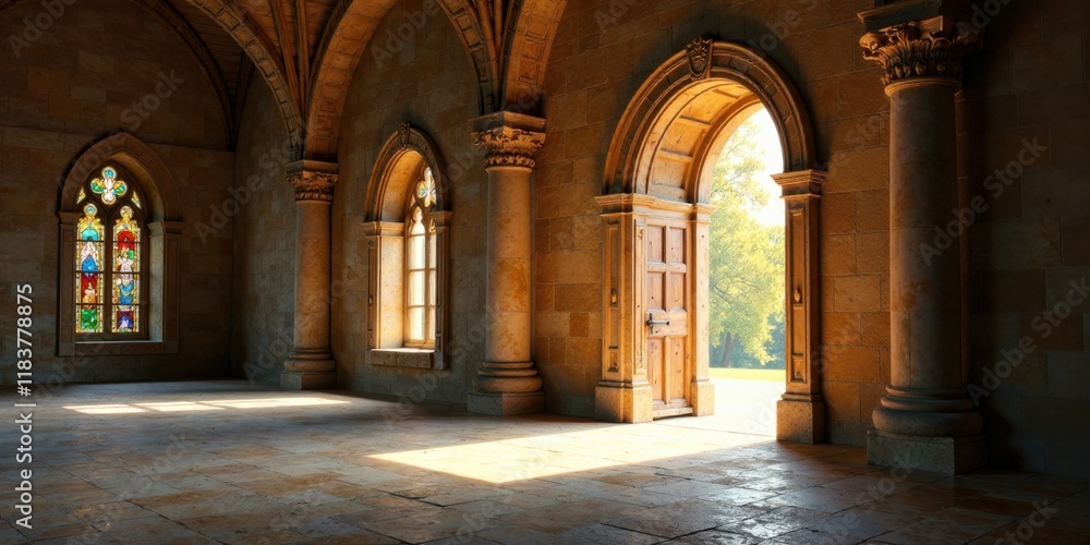 Poster sunlit hallway with gothic architecture and stained glass windows