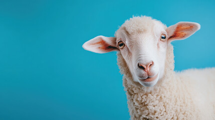 Obraz premium Fluffy sheep with friendly expression against bright blue background, showcasing its soft wool and curious eyes. Perfect for animal themed projects