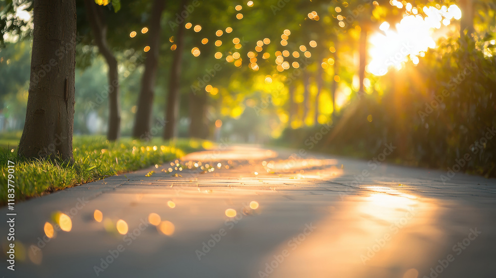 Poster serene pathway illuminated by sunlight, surrounded by trees and soft bokeh