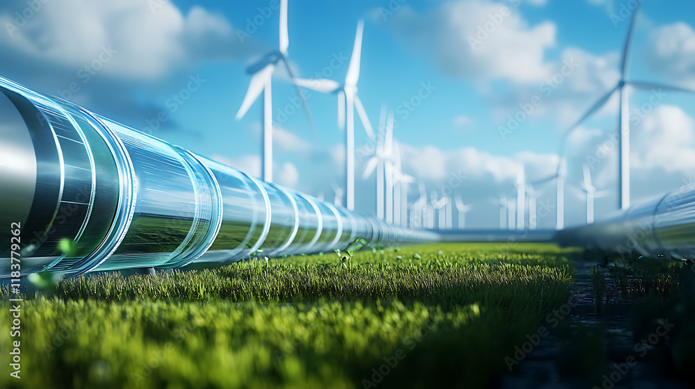 Poster the concept of green hydrogen production with a close, up shot of a hydrogen pipeline in the foregro