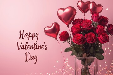 A bouquet of red roses with heart-shaped balloons and a "Happy Valentine's Day" message, set against a soft pink background, creating an elegant and romantic atmosphere for Valentine's Day celebration