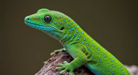 Fototapeta premium Vibrant Green Gecko Perched on Dark Background