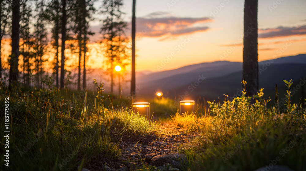 Poster serene sunset scene in forest with glowing lanterns illuminating path. warm colors of sky reflect na