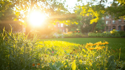 Fototapeta premium vibrant garden scene with sunlight illuminating flowers and greenery, creating serene atmosphere