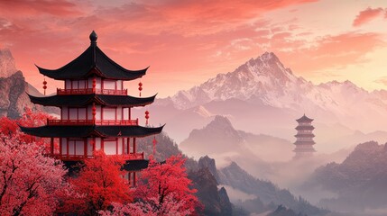 Obraz premium A serene landscape featuring traditional architecture amidst vibrant cherry blossoms and majestic mountains under a colorful sky.