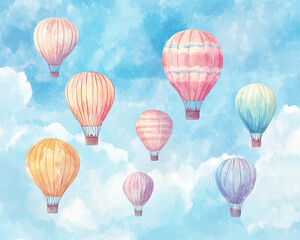 Another Soft Watercolor of Colorful Hot Air Balloons Rising in the Sky
