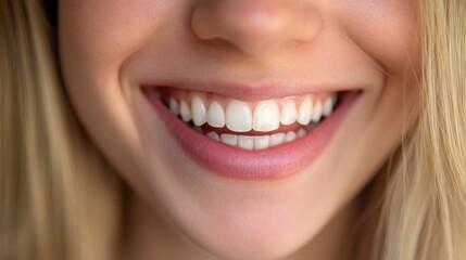 Obraz premium A close-up of a woman's smiling face with healthy, glowing skin, set against a minimalist white background to enhance her natural beauty.