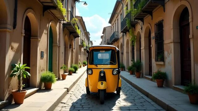 Yellow auto-rickshaw traveling down a narrow street in a quaint village with traditional houses
