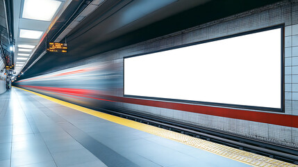 Underground train passing by a blank billboard in a subway station, transit advertisement concept