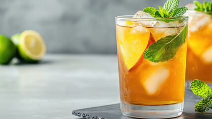Refreshing peach iced tea with mint and lime garnishes
