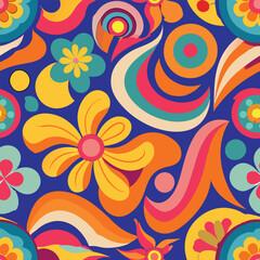 Seamless 60s Psychedelic Swirl Vector Pattern with Bold Retro Motifs