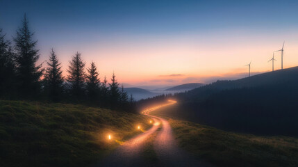 winding path through serene landscape at dusk, illuminated by lights and wind turbines in distance