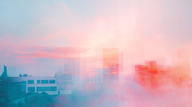 Academic achievement portrait, architectural overlay effect, urban landscape fusion, sunset cityscapes, gentle light leaks, atmospheric haze, blue and pink gradient sky, clean negative space,