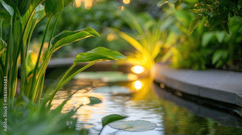 Poster lush green plants surround tranquil water feature, creating serene atmosphere. soft glow of lights r