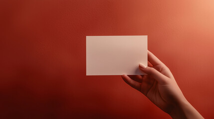 A soft, elegant hand holding a blank Valentine card, the card resting gently in the palm of the hand. The background is plain, a red color, with light illuminating the cardâs empti