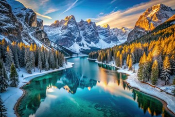 Obraz premium Breathtaking drone footage captures Lago di Braies' winter magic: a frozen lake nestled amidst snow-capped Dolomites.
