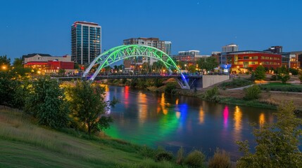 Naklejka premium Vibrant Cityscape at Dusk: Illuminated Bridge and River Reflection