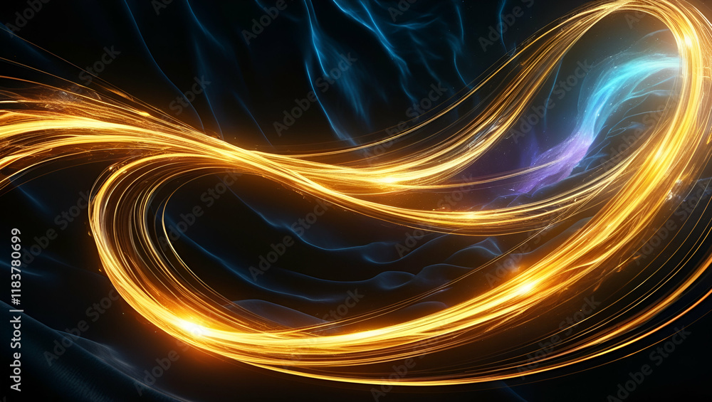 Poster glowing golden waves of light ripple through a dark, infinite space, creating an abstract and captiv